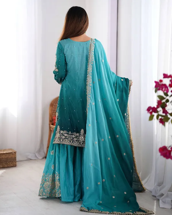 AQUA_SHADED_CHINNON_SILK_CODING_SEQUENCE_EMBROIDERED_SHARARA_SALWAR_SUIT_WITH_DUPATTA