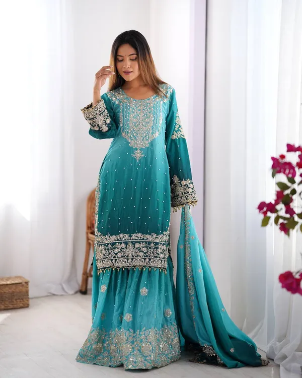 AQUA_SHADED_CHINNON_SILK_CODING_SEQUENCE_EMBROIDERED_SHARARA_SALWAR_SUIT_WITH_DUPATTA