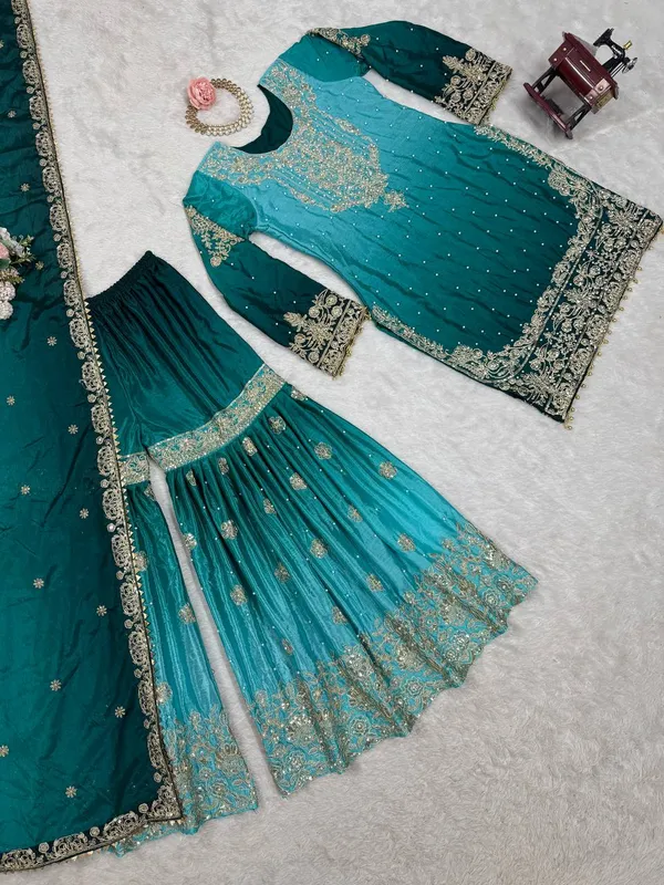 AQUA_SHADED_CHINNON_SILK_CODING_SEQUENCE_EMBROIDERED_SHARARA_SALWAR_SUIT_WITH_DUPATTA