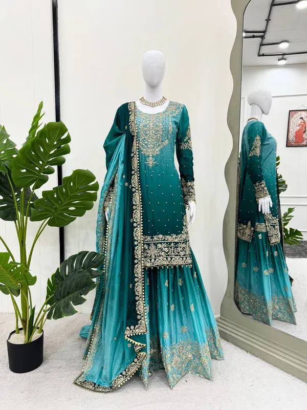 AQUA_SHADED_CHINNON_SILK_CODING_SEQUENCE_EMBROIDERED_SHARARA_SALWAR_SUIT_WITH_DUPATTA