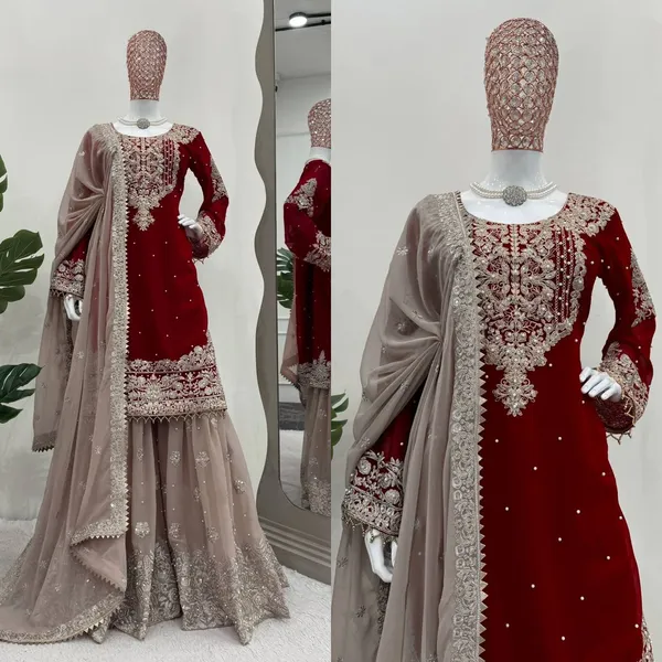 Beautiful_Georgette_Coding_&_Sequence_Work_With_Pearls_Embroidery_Sharara_Salwar_Suit_With_Dupatta