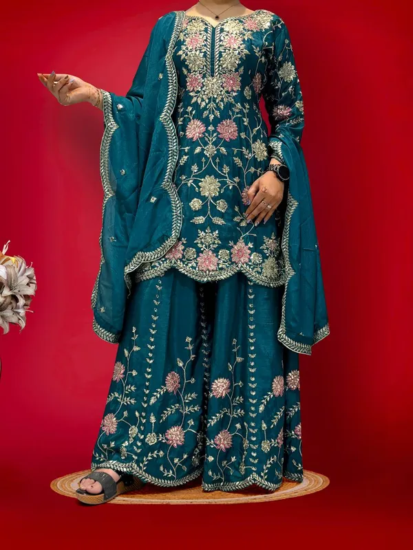 BLUE_ELEGANT_CHINNON_SILK_SEQUENCE_EMBROIDERED_SHARARA_SALWAR_SUIT_WITH_DUPATTA