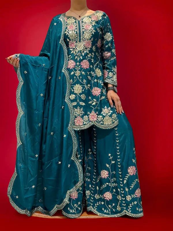 BLUE_ELEGANT_CHINNON_SILK_SEQUENCE_EMBROIDERED_SHARARA_SALWAR_SUIT_WITH_DUPATTA