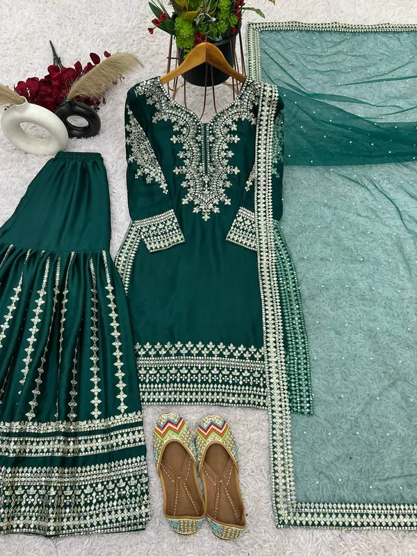 BOTTLE_GREEN_PURE_CHINNON_SILK_FULLY_SEQUENCE_EMBROIDERED_GHARARA_SALWAR_SUIT_WITH_DUPATTA