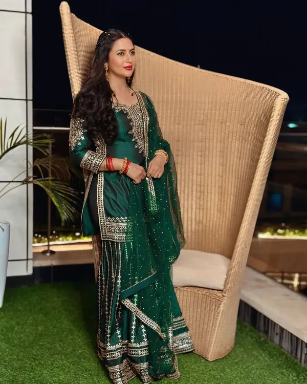 BOTTLE_GREEN_PURE_CHINNON_SILK_FULLY_SEQUENCE_EMBROIDERED_GHARARA_SALWAR_SUIT_WITH_DUPATTA
