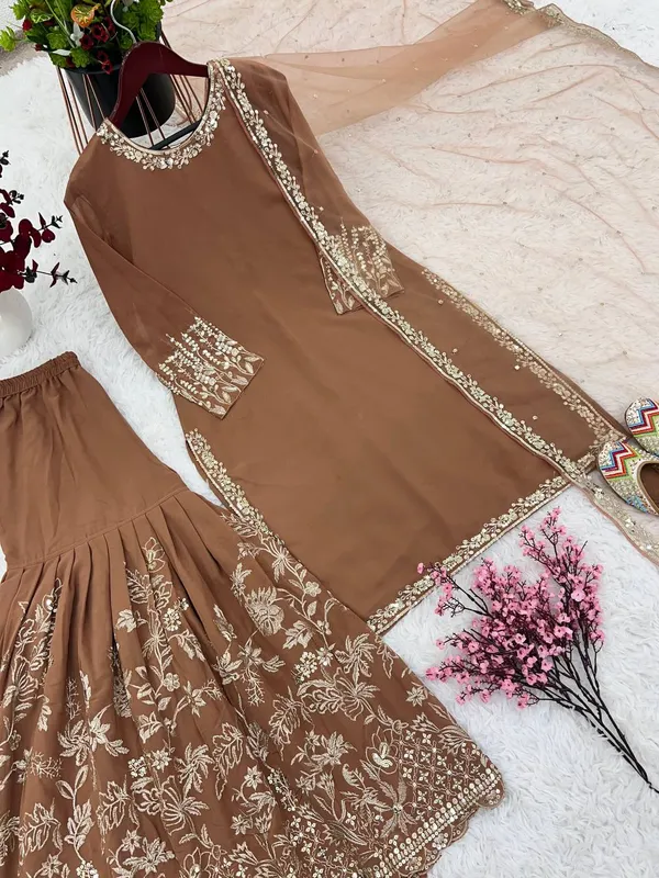 BROWN_FAUX_GEORGETTE_SEQUENCE_EMBROIDERED_SHARARA_SALWAR_SUIT_WITH_DUPATTA