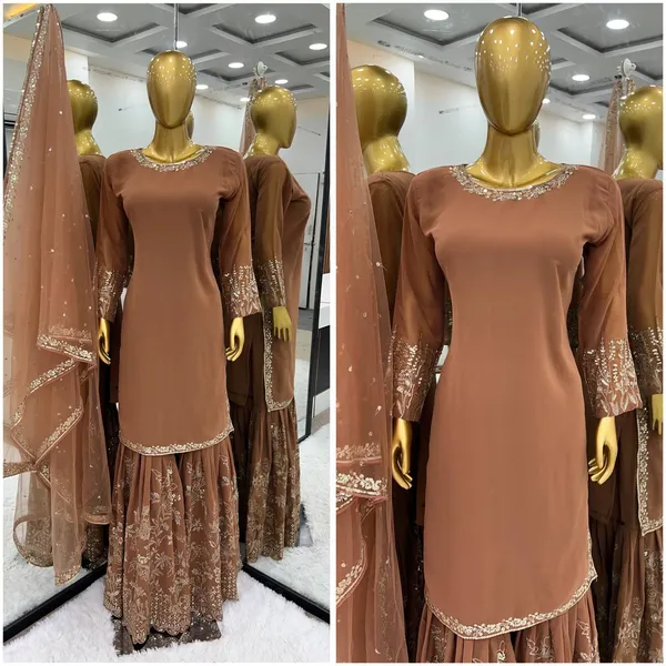BROWN_FAUX_GEORGETTE_SEQUENCE_EMBROIDERED_SHARARA_SALWAR_SUIT_WITH_DUPATTA