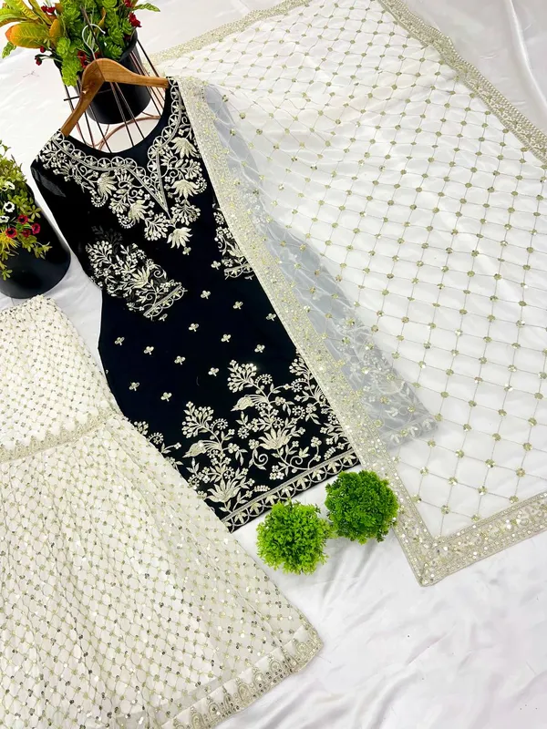 Black_Heavy_Faux_Georgette_Sequence_Embroidered_Sharara_Salwar_Suit_With_Dupatta