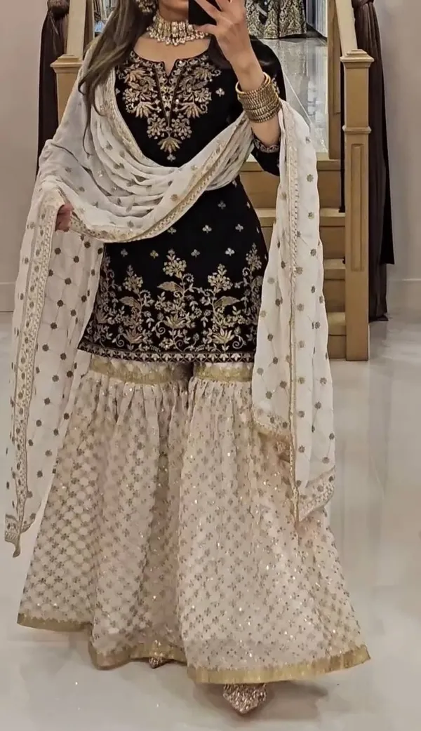 Black_Heavy_Faux_Georgette_Sequence_Embroidered_Sharara_Salwar_Suit_With_Dupatta
