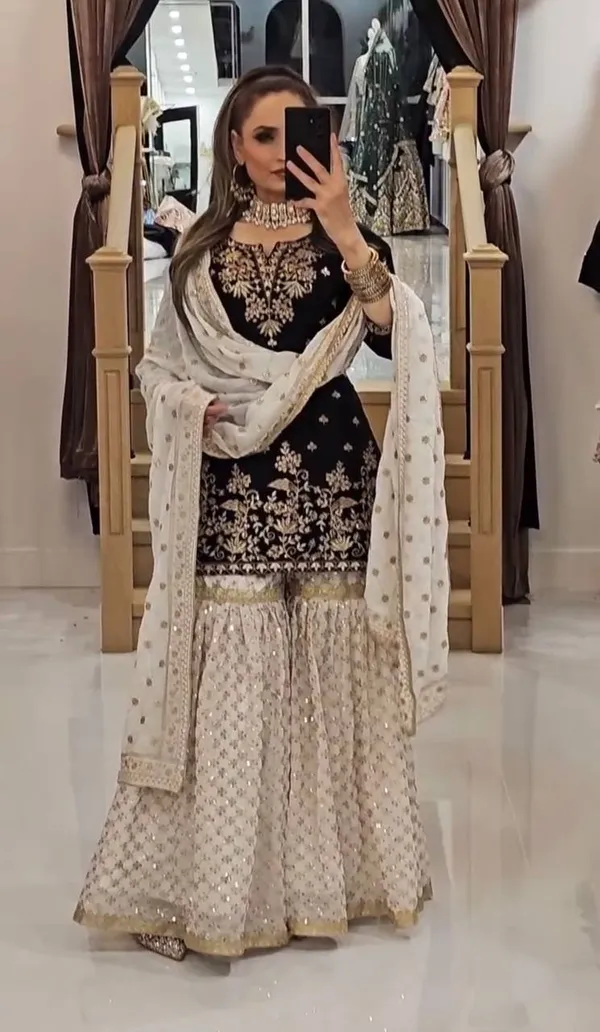 Black_Heavy_Faux_Georgette_Sequence_Embroidered_Sharara_Salwar_Suit_With_Dupatta