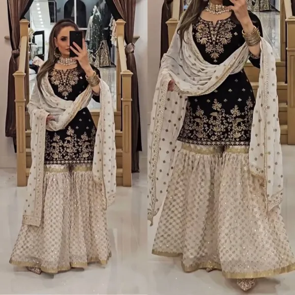 Black_Heavy_Faux_Georgette_Sequence_Embroidered_Sharara_Salwar_Suit_With_Dupatta