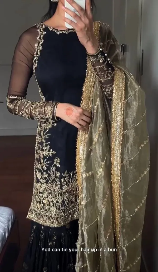 Black_Heavy_Faux_Georgette_With_Sequence_Embroidery_Sharara_Salwar_Suit_With_Dupatta