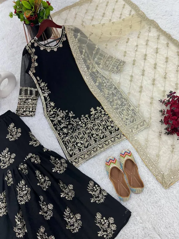 Black_Heavy_Faux_Georgette_With_Sequence_Embroidery_Sharara_Salwar_Suit_With_Dupatta