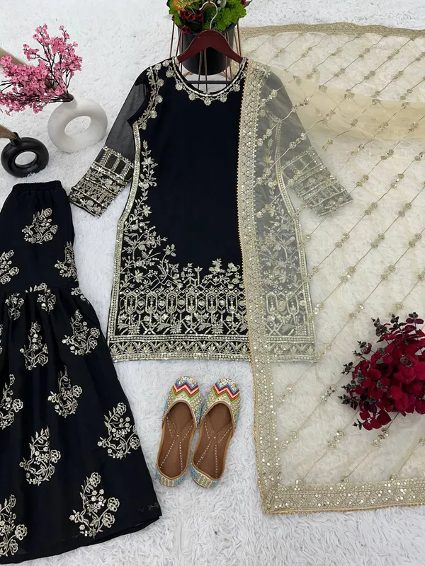 Black_Heavy_Faux_Georgette_With_Sequence_Embroidery_Sharara_Salwar_Suit_With_Dupatta