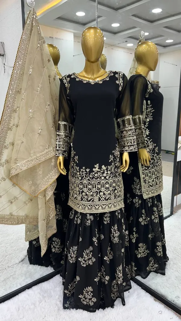 Black_Heavy_Faux_Georgette_With_Sequence_Embroidery_Sharara_Salwar_Suit_With_Dupatta