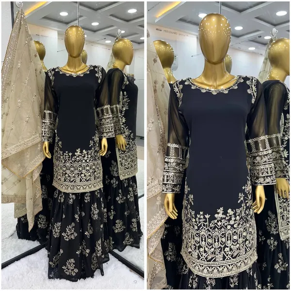 Black_Heavy_Faux_Georgette_With_Sequence_Embroidery_Sharara_Salwar_Suit_With_Dupatta