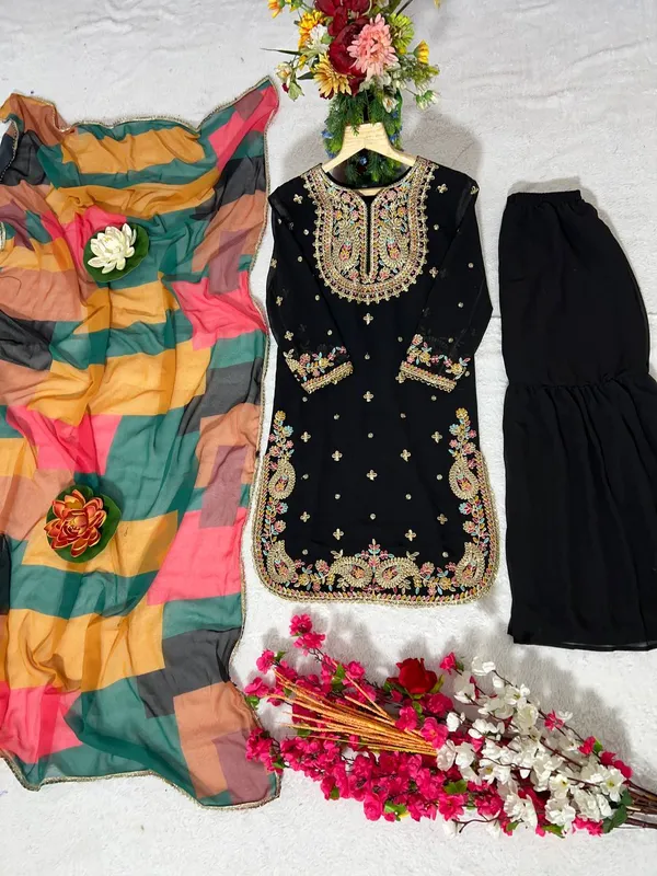 Black_Pure_Georgette_Silk_Sequence_And_Coding_Embroidered_Kurta_Set_With_Sharara