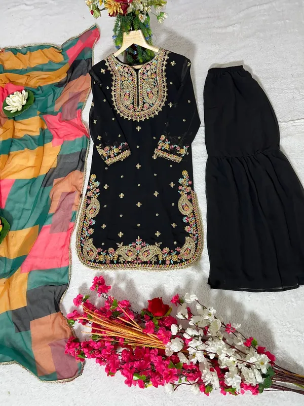 Black_Pure_Georgette_Silk_Sequence_And_Coding_Embroidered_Kurta_Set_With_Sharara