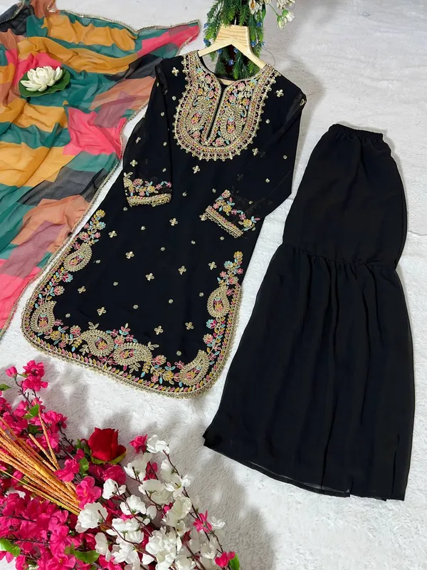 Black_Pure_Georgette_Silk_Sequence_And_Coding_Embroidered_Kurta_Set_With_Sharara