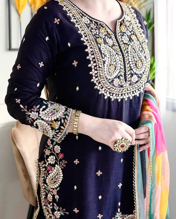 Black_Pure_Georgette_Silk_Sequence_And_Coding_Embroidered_Kurta_Set_With_Sharara