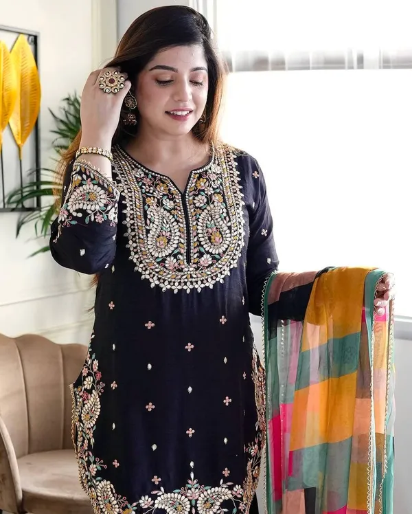 Black_Pure_Georgette_Silk_Sequence_And_Coding_Embroidered_Kurta_Set_With_Sharara