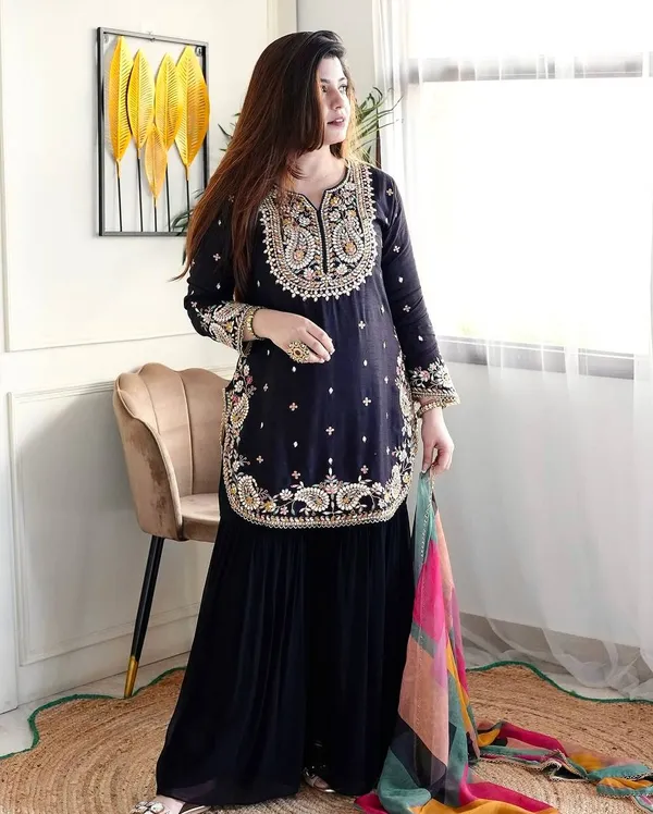 Black_Pure_Georgette_Silk_Sequence_And_Coding_Embroidered_Kurta_Set_With_Sharara