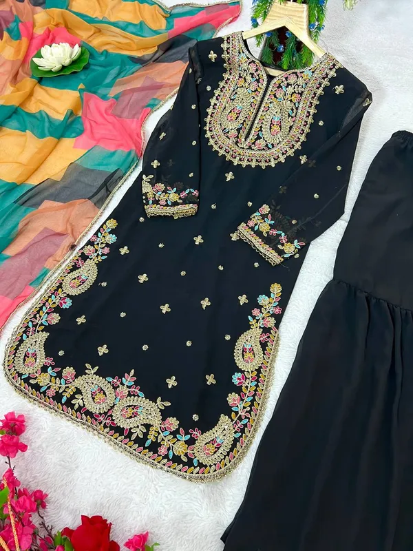 Black_Pure_Georgette_Silk_Sequence_And_Coding_Embroidered_Kurta_Set_With_Sharara