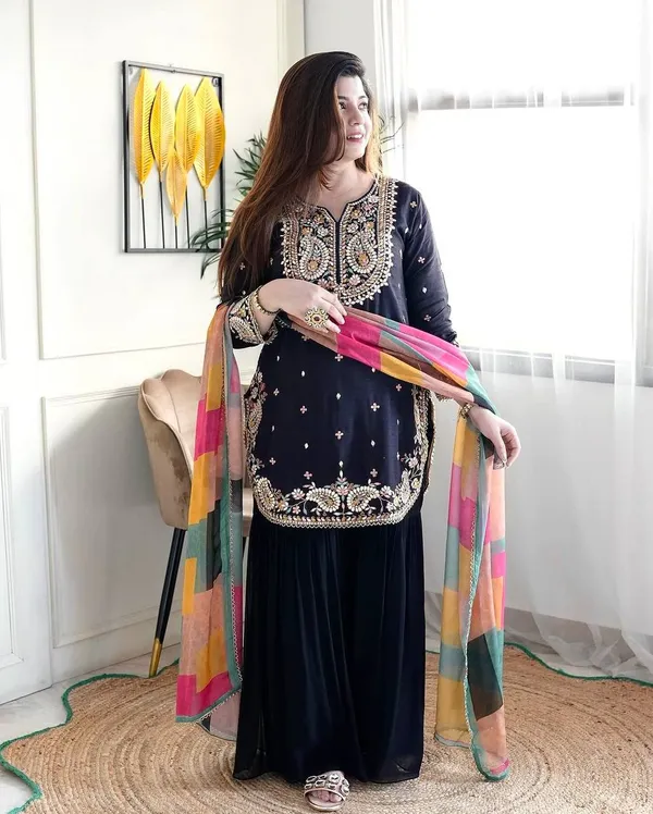Black_Pure_Georgette_Silk_Sequence_And_Coding_Embroidered_Kurta_Set_With_Sharara