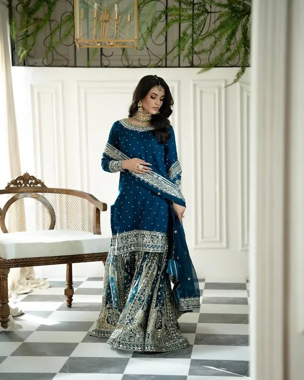 Blue_Heavy_Georgette_Sequence_Embroidered_&_Moti_Work_Gharara_Salwar_Suit_With_Dupatta