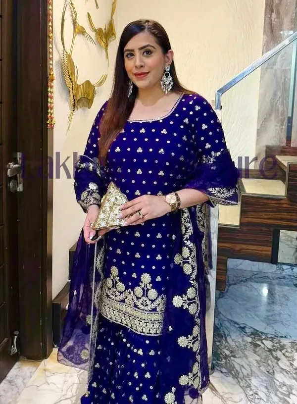 Blue_Pure_Georgette_Sequence_Embroidered_Sharara_Salwar_Suit_With_Dupatta