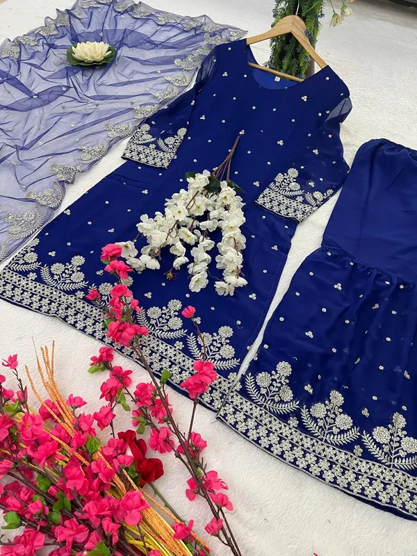 Blue_Pure_Georgette_Sequence_Embroidered_Sharara_Salwar_Suit_With_Dupatta