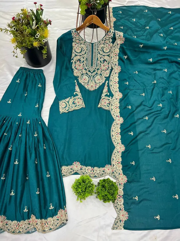 Bottle_Green_Pure_Chinnon_Silk_Coding_Dori-Sequence_Embroidery_Work_Salwar_Suit_With_Dupatta