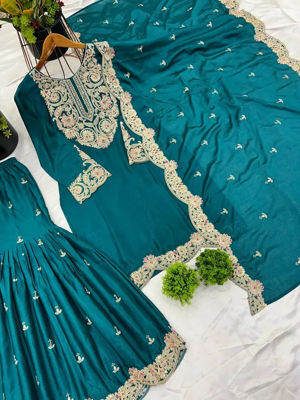 Bottle_Green_Pure_Chinnon_Silk_Coding_Dori-Sequence_Embroidery_Work_Salwar_Suit_With_Dupatta