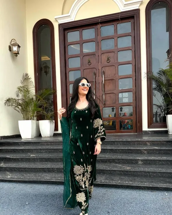 Bottle_Green_Viscose_Velvet_Heavy_Coding_Sequence_Embroidered_Salwar_Suit_With_Dupatta