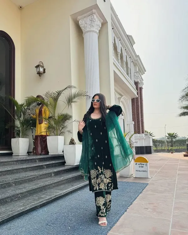 Bottle_Green_Viscose_Velvet_Heavy_Coding_Sequence_Embroidered_Salwar_Suit_With_Dupatta
