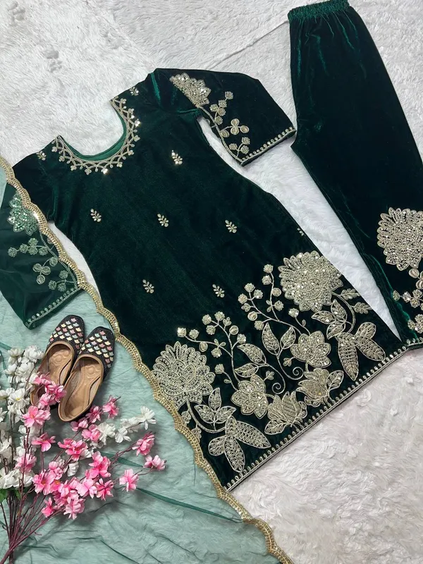 Bottle_Green_Viscose_Velvet_Heavy_Coding_Sequence_Embroidered_Salwar_Suit_With_Dupatta