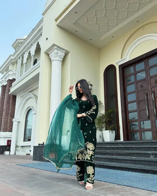 Bottle_Green_Viscose_Velvet_Heavy_Coding_Sequence_Embroidered_Salwar_Suit_With_Dupatta