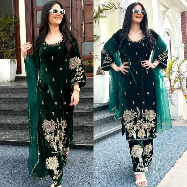 Bottle_Green_Viscose_Velvet_Heavy_Coding_Sequence_Embroidered_Salwar_Suit_With_Dupatta