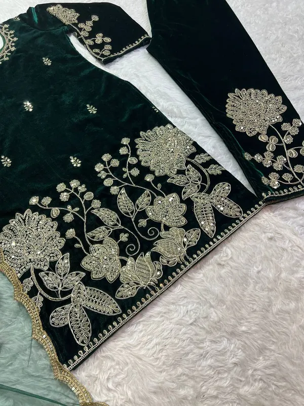 Bottle_Green_Viscose_Velvet_Heavy_Coding_Sequence_Embroidered_Salwar_Suit_With_Dupatta
