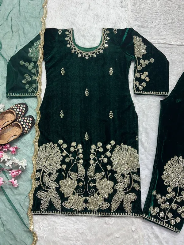 Bottle_Green_Viscose_Velvet_Heavy_Coding_Sequence_Embroidered_Salwar_Suit_With_Dupatta