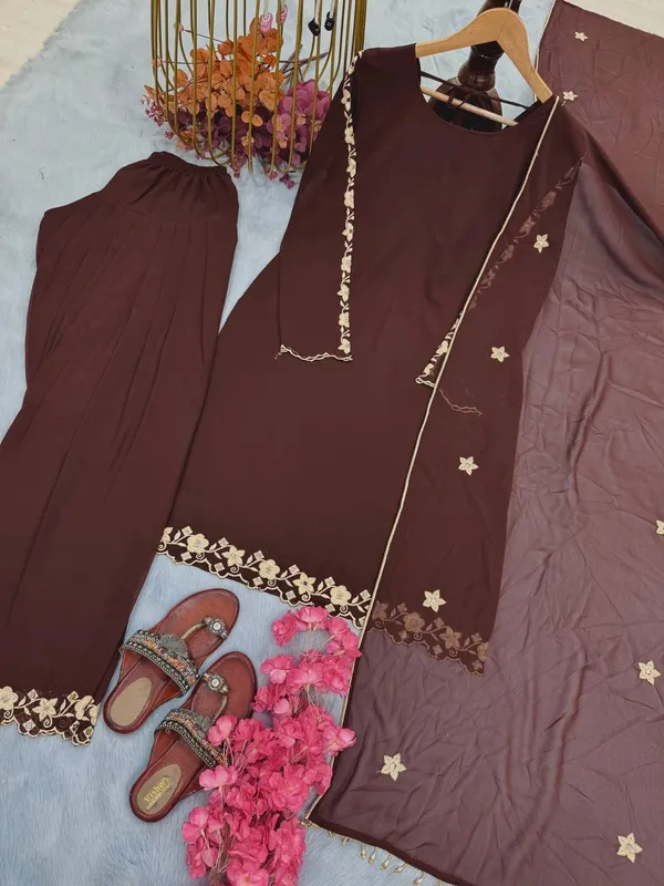 Brown_Heavy_Faux_Georgette_With_Embroidery_&_Mirror_work_Farsi_Salwar_Suit_With_Dupatta