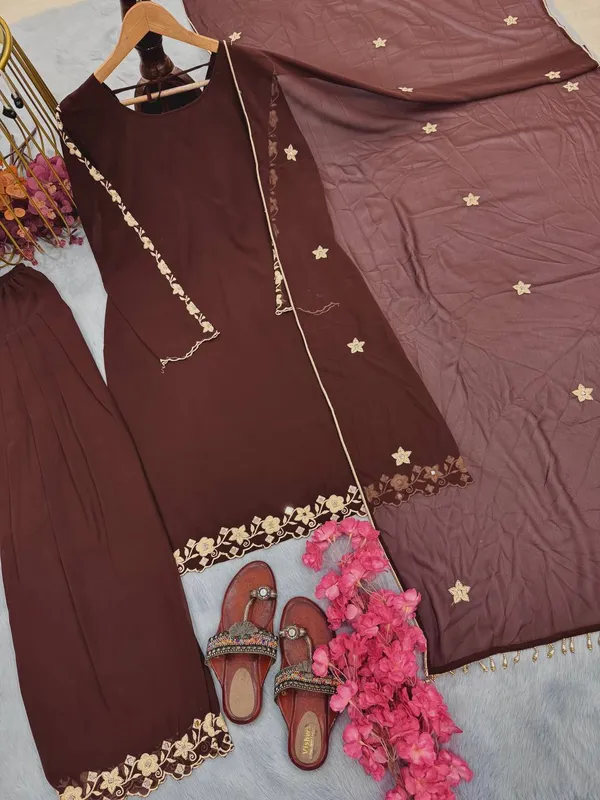 Brown_Heavy_Faux_Georgette_With_Embroidery_&_Mirror_work_Farsi_Salwar_Suit_With_Dupatta