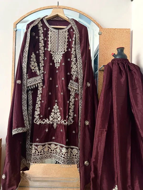 Brown_Pure_Chinnon_Silk_Multi_Needle_Coding_Sequence_Embroidery_Sharara_Salwar_Suit_With_Dupatta