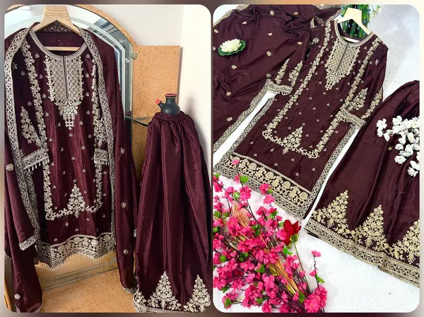 Brown_Pure_Chinnon_Silk_Multi_Needle_Coding_Sequence_Embroidery_Sharara_Salwar_Suit_With_Dupatta