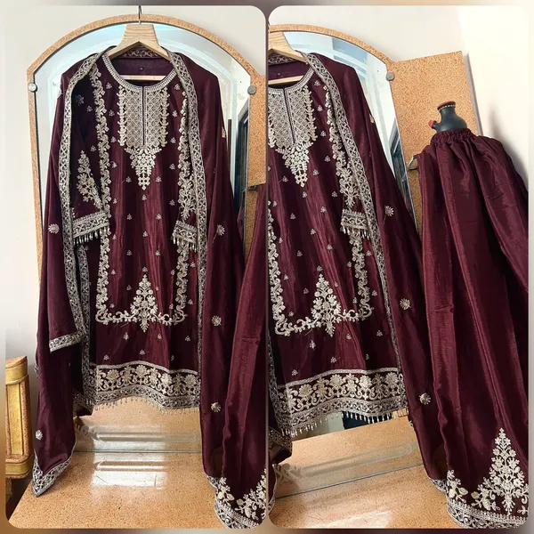 Brown_Pure_Chinnon_Silk_Multi_Needle_Coding_Sequence_Embroidery_Sharara_Salwar_Suit_With_Dupatta