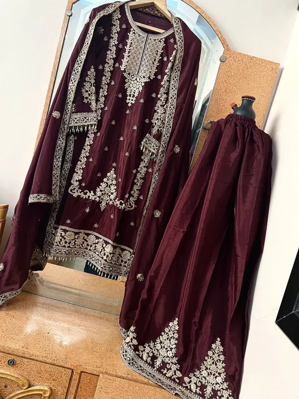 Brown_Pure_Chinnon_Silk_Multi_Needle_Coding_Sequence_Embroidery_Sharara_Salwar_Suit_With_Dupatta