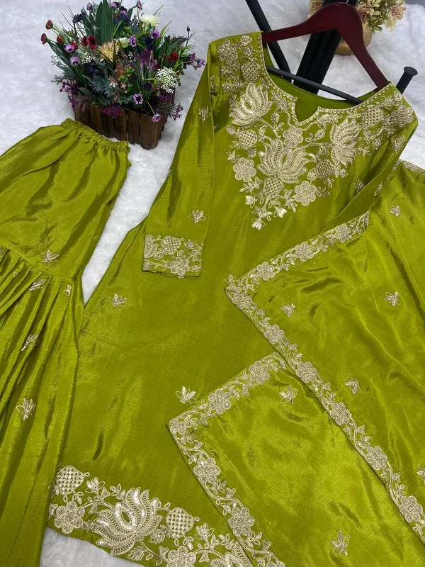 GREEN_PURE_CHINNON_SILK_CODING_SEQUENCE_EMBROIDERED_SHARARA_SALWAR_SUIT_WITH_DUPATTA