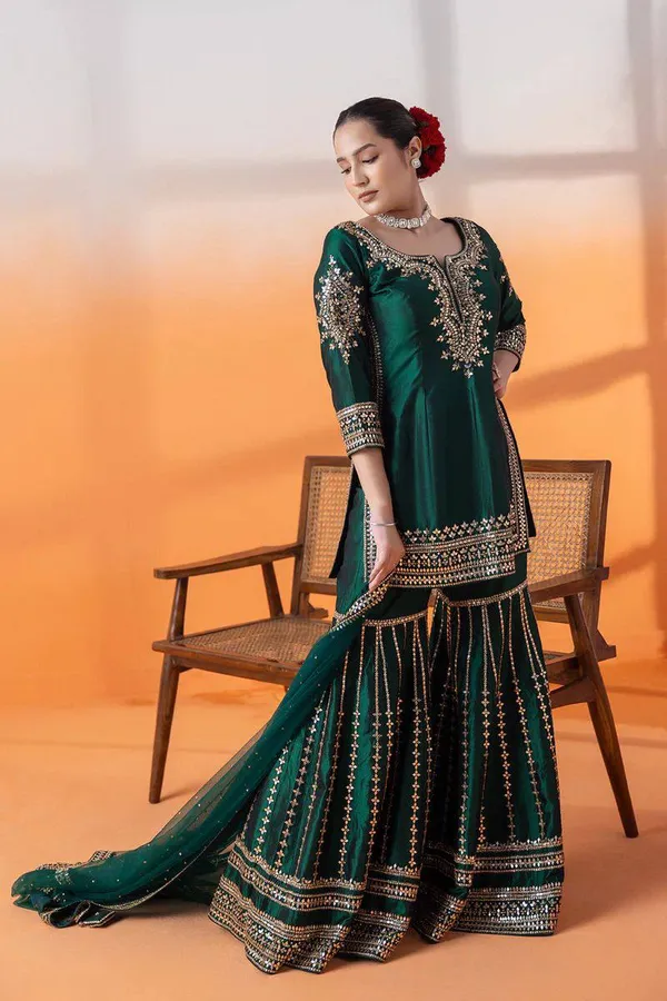 Green_Pure_Chinnon_Silk_Fully_Sequence_Embroidered_Gharara_Salwar_Suit_With_Dupatta