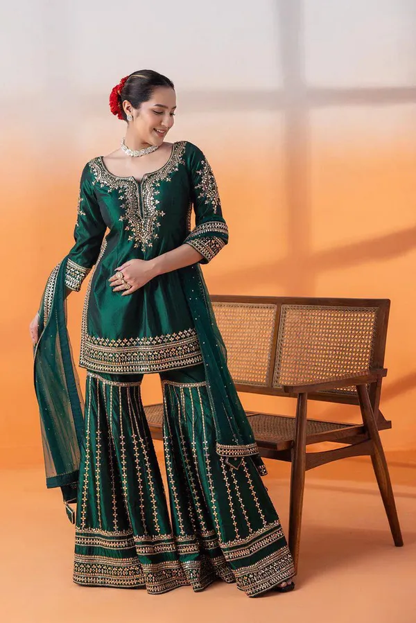 Green_Pure_Chinnon_Silk_Fully_Sequence_Embroidered_Gharara_Salwar_Suit_With_Dupatta
