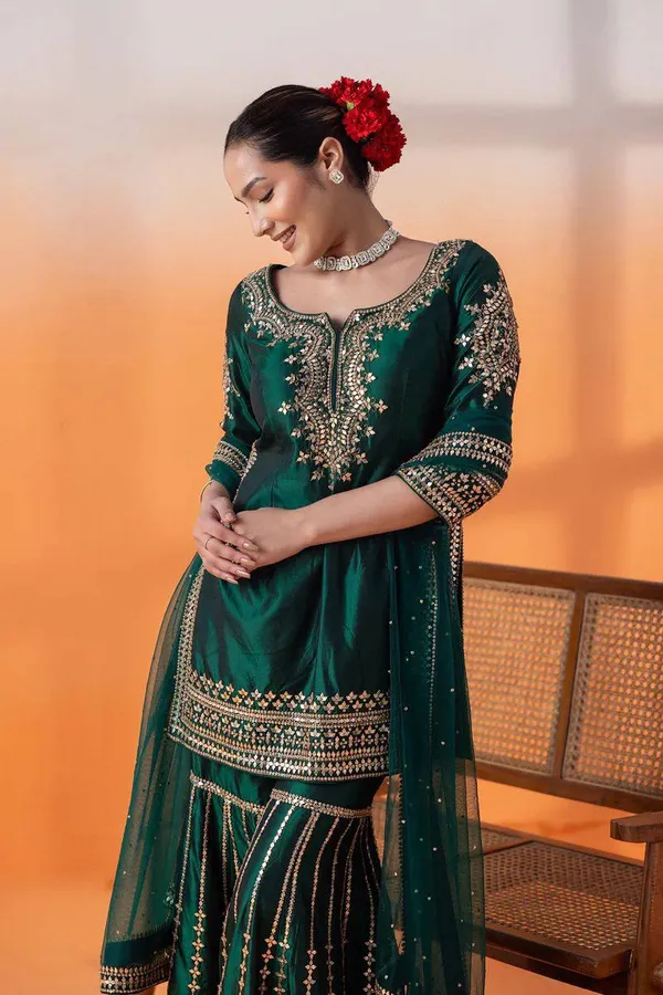 Green_Pure_Chinnon_Silk_Fully_Sequence_Embroidered_Gharara_Salwar_Suit_With_Dupatta